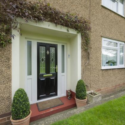 Side view of two potted plants either side of a black composite door
